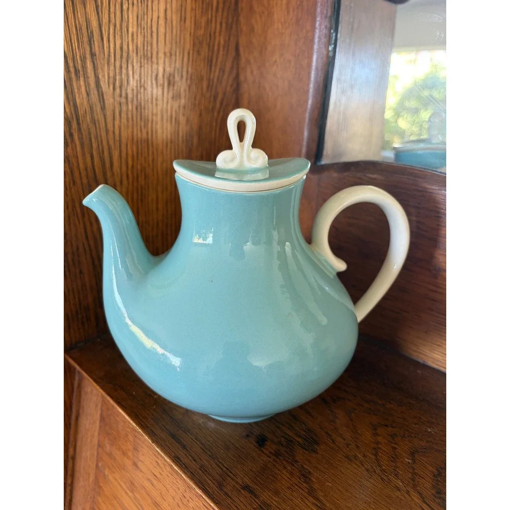 Vintage Mid Century Modern Turquoise Blue Ceramic Teapot & Shaker Set MCM Retro